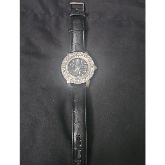 56.8mm silver crystal bezel Fashion Analog Quartz watch w/Genuine Leather Band main image 4
